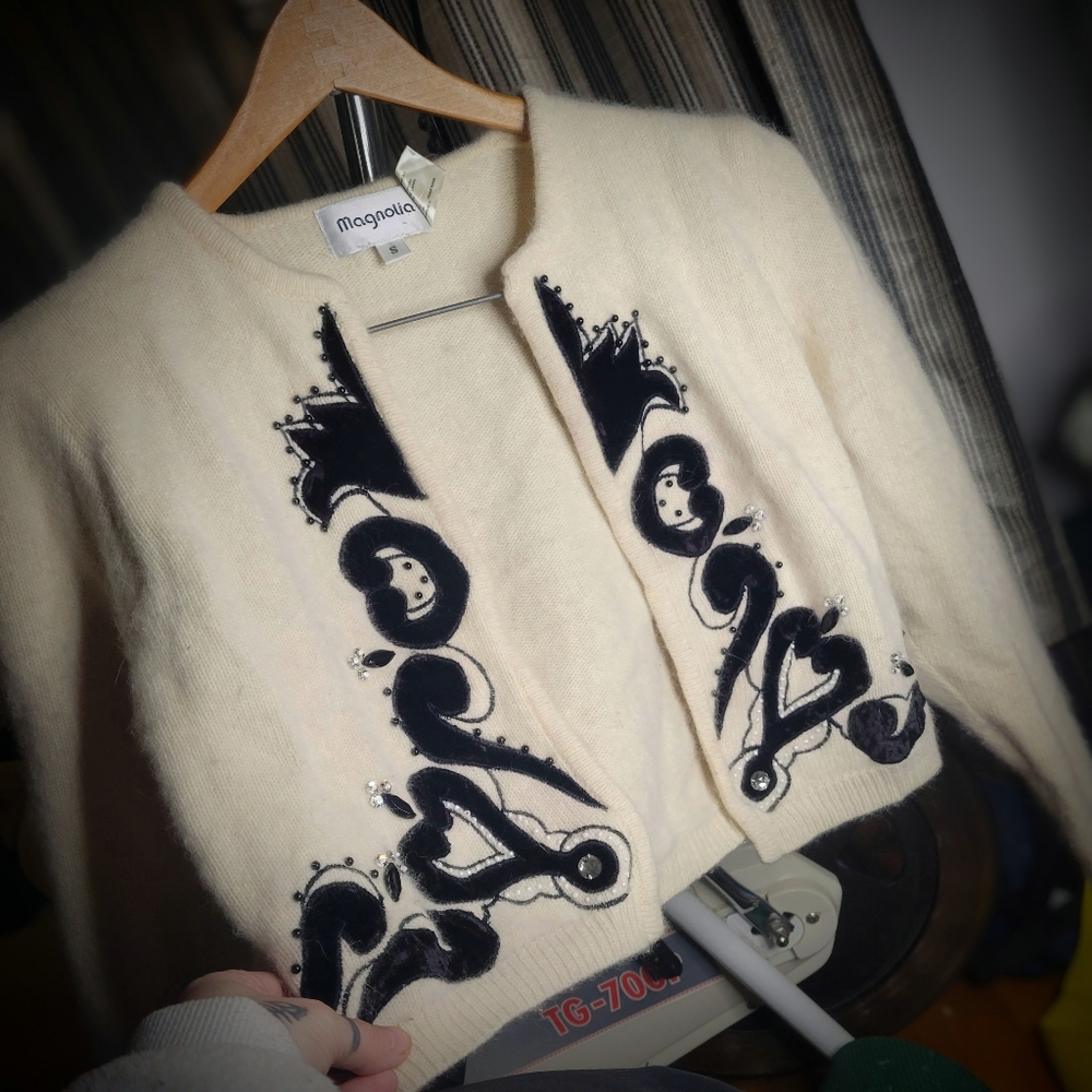 Vintage Magnolia Lambswool/Angora Cardigan, embroided velours & rhinestone Small
